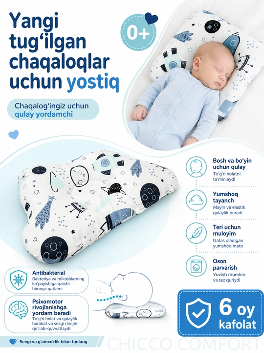 Yangi tug‘ilgan chaqaloqlar uchun anatomik bolalar yostig‘i, ortopedik shaklli, yumshoq