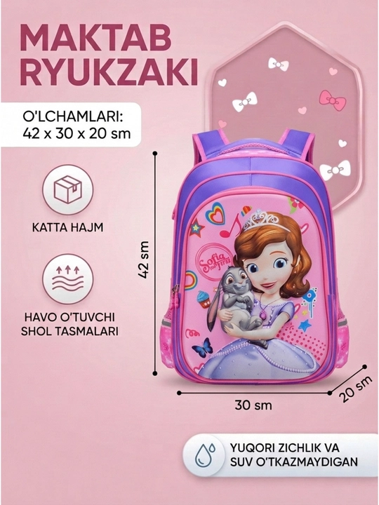 Maktab ryukzagi, qizlar bolalar uchun, suv o‘tkazmaydigan, 3D - 