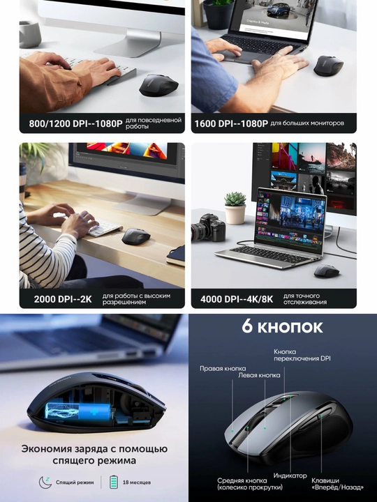 UGREEN MU006 Bluetooth va 2.4G simsiz sichqoncha, 4000 DPI, ovozsiz tugmalar