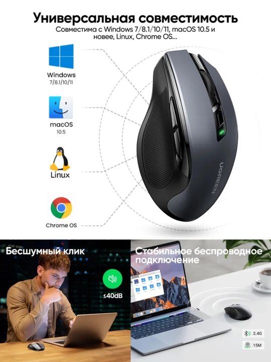 UGREEN MU006 Bluetooth va 2.4G simsiz sichqoncha, 4000 DPI, ovozsiz tugmalar