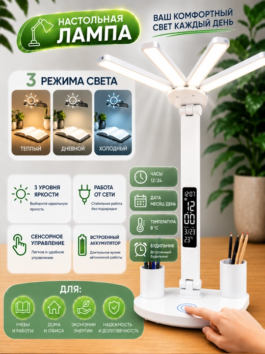 Sensorli boshqaruv, soat, harorat va tutqich uchun taglik bilan LED chiroq - 