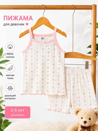Qiz bolalar uchun yozgi mayka va shortik to‘plami, 100% paxta - 