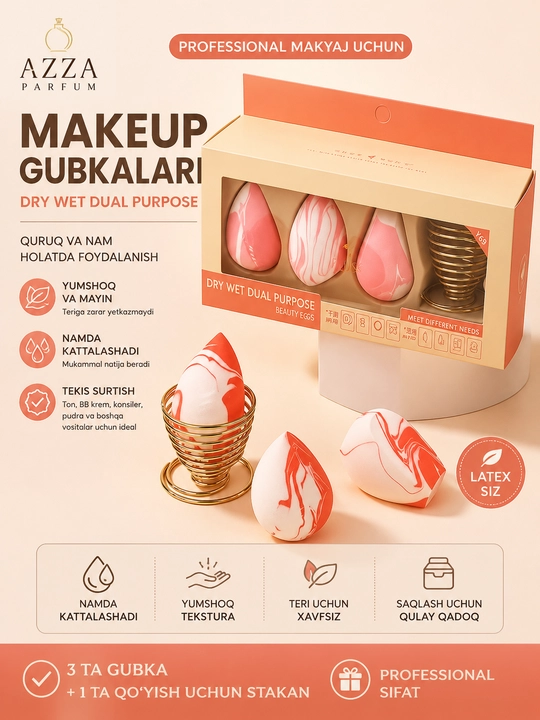Makiyaj gubkalari to'plami, 3 dona beauty blender + metall stakan - 
