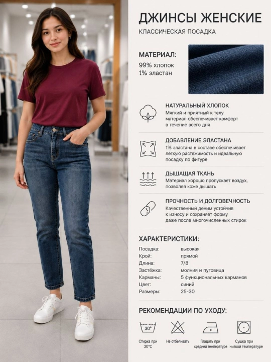Стильные женские джинсы выполнены в популярном фасоне Mom Fit с прямыми штанинами - 