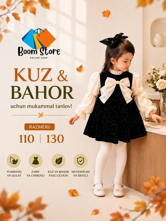 BoomStore’dan qizlar uchun kuz-bahor fasliga mo‘ljallangan katta bantli chiroyli ko‘ylak - 