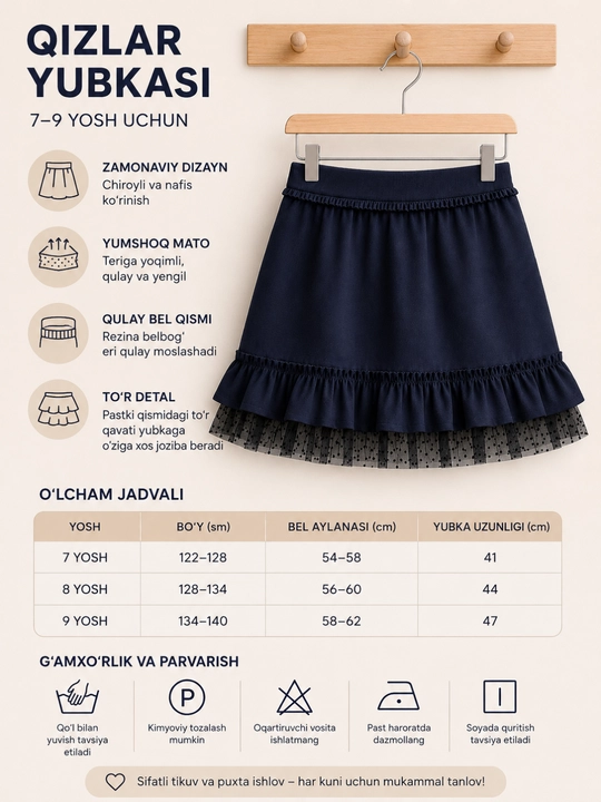 7-9 yoshli qizlar uchun yubka maktab yubkasi, ko‘k, kundalik va bezakli