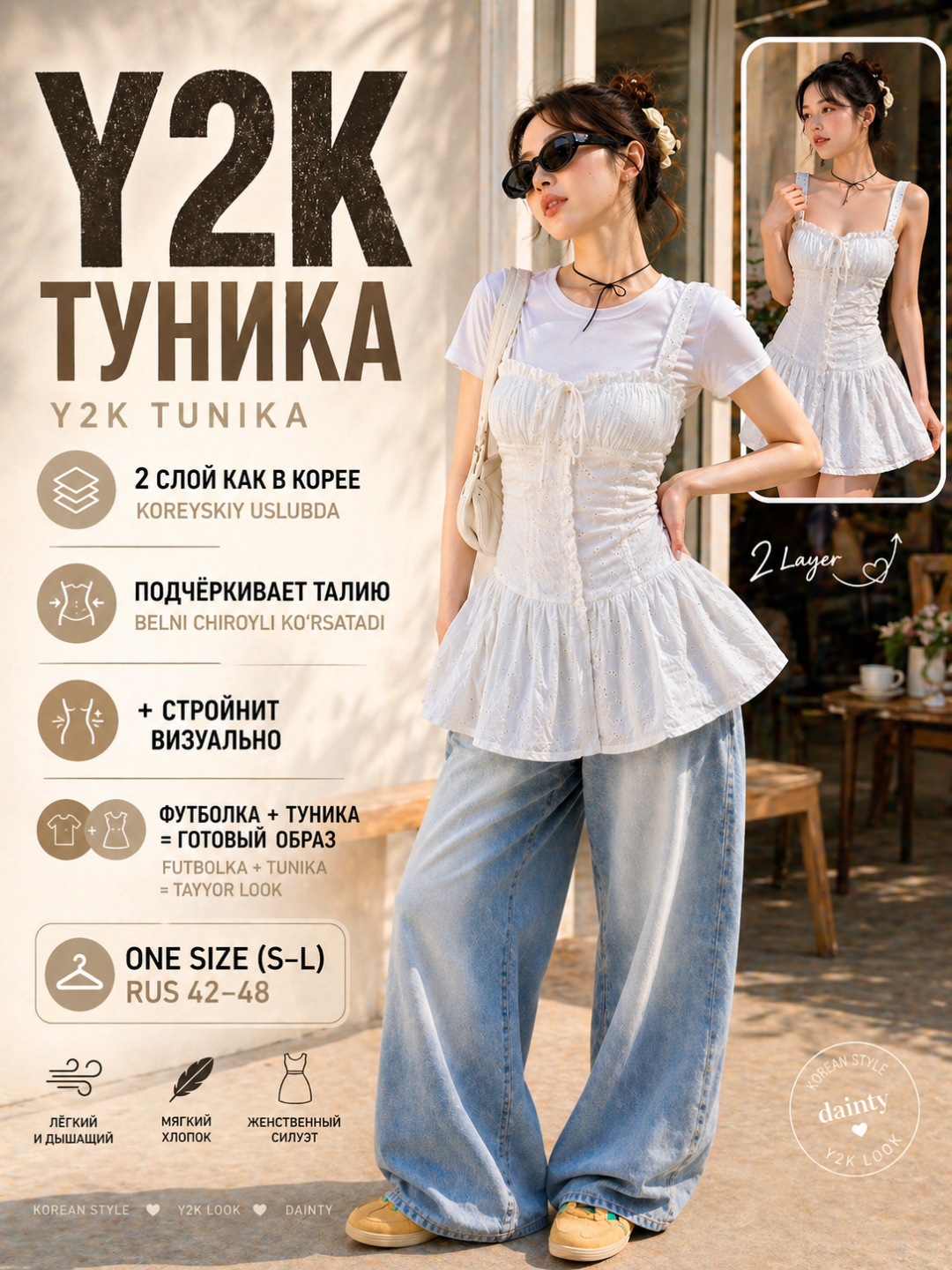Туника женская летняя хлопковая с подкладом Y2K, корейский стиль, второй слой, мини-платье - 