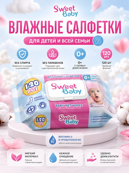 Bolalar va oilaviy nam salfetkalari qopqoqli, gipoallergen, 120 dona - 
