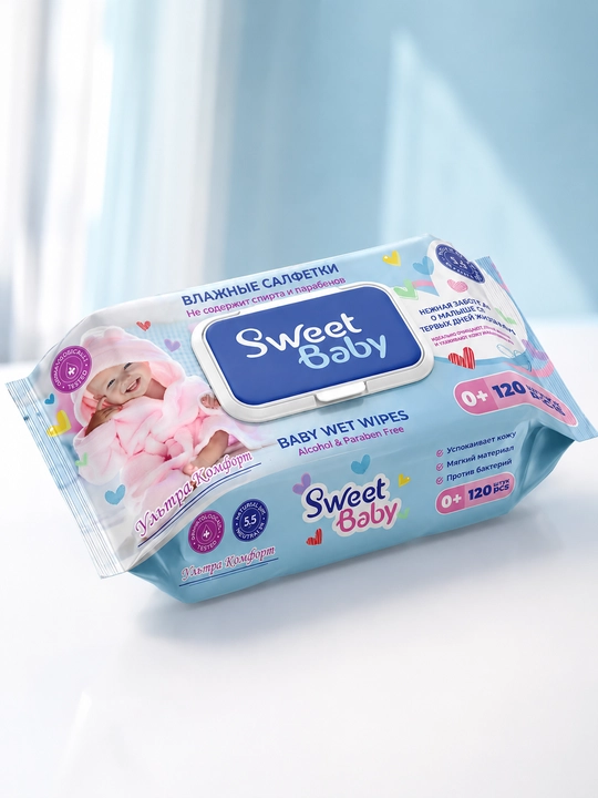 Bolalar va oilaviy nam salfetkalari qopqoqli, gipoallergen, 120 dona