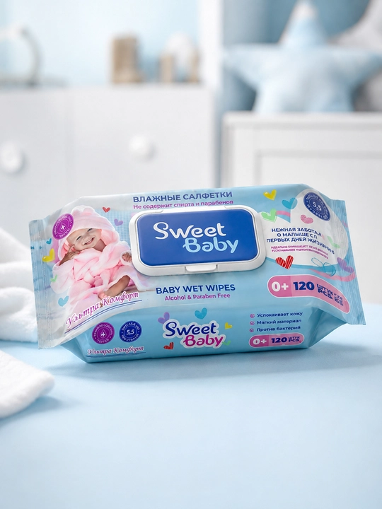 Bolalar va oilaviy nam salfetkalari qopqoqli, gipoallergen, 120 dona