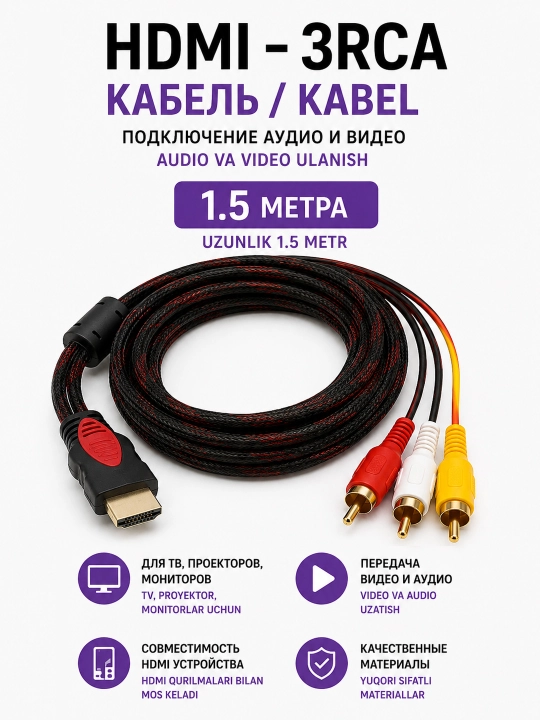Кабель интерфейсный HDMI to 3RCA (тюльпан) экранированный 1,5м для пк,мониторов,тв - 