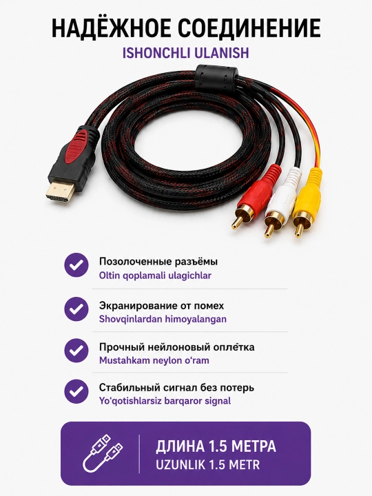 Кабель интерфейсный HDMI to 3RCA (тюльпан) экранированный 1,5м для пк,мониторов,тв