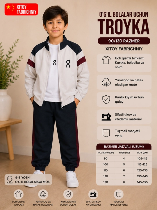 O‘g‘il bolalar uchun sport kostyumi, 3 qismli to‘plam