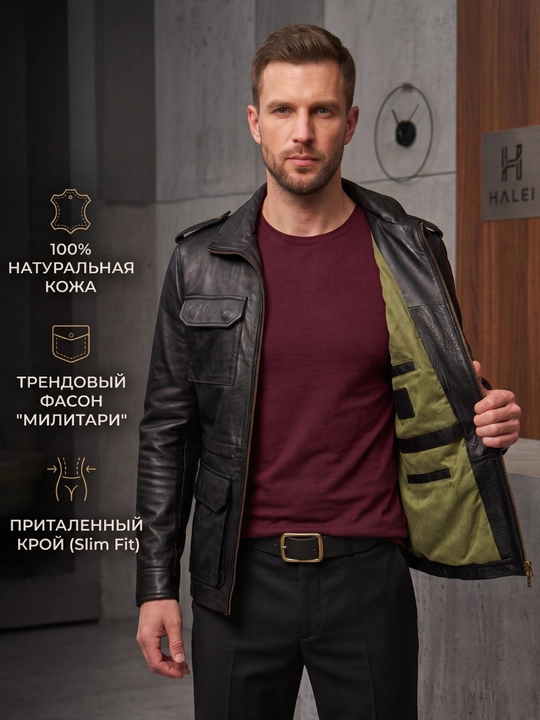 Куртка мужская натуральная кожа, кожаная демисезонная весна-осень, со стоячим воротником