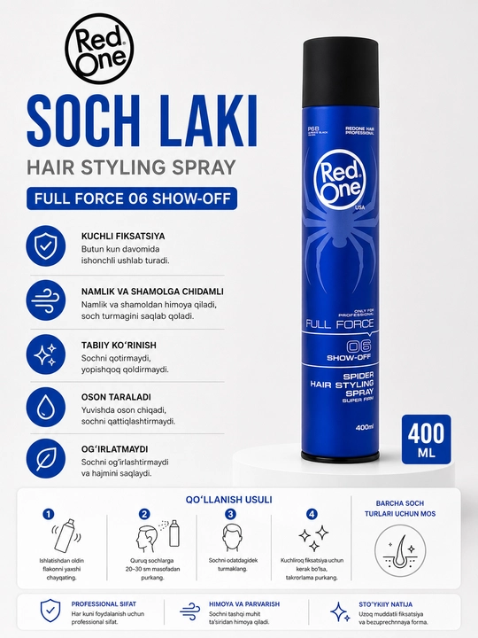 Red One Full Force 05, 06, 07 kuchli fiksatsiyali soch bo‘yog‘i, 400 ml