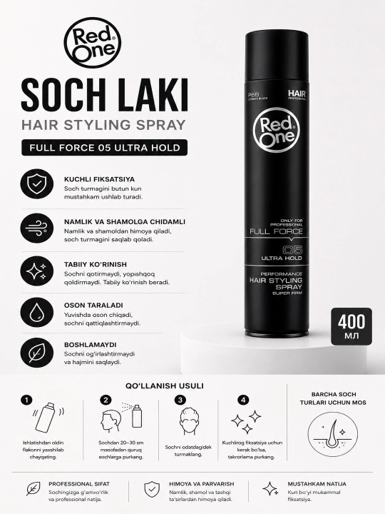 Red One Full Force 05, 06, 07 kuchli fiksatsiyali soch bo‘yog‘i, 400 ml