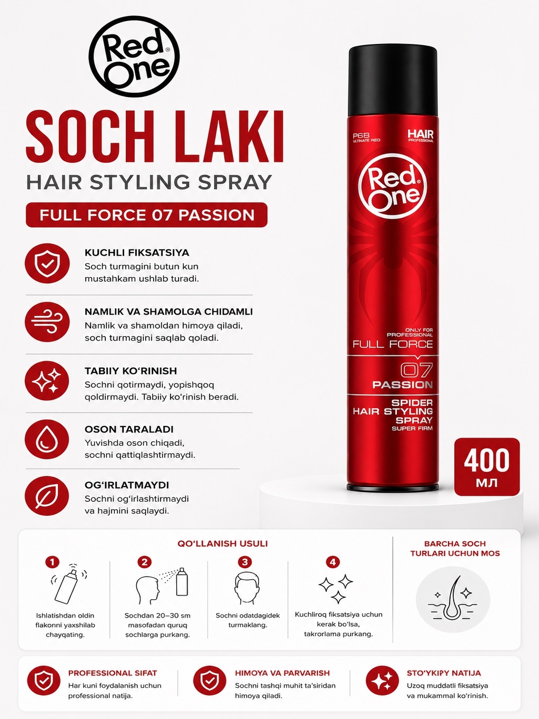 Red One Full Force 05, 06, 07 kuchli fiksatsiyali soch bo‘yog‘i, 400 ml