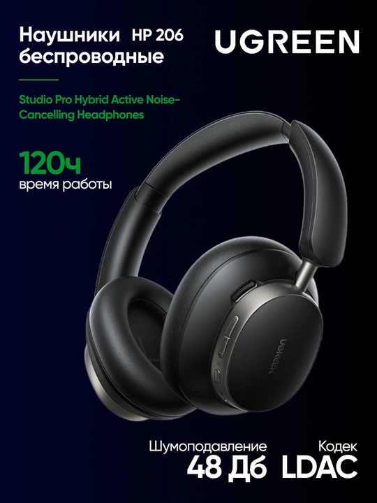 Наушники UGREEN Studio Pro HP206 Bluetooth 6.0, ANC, Hi-Res LDAC, 120 ч - 