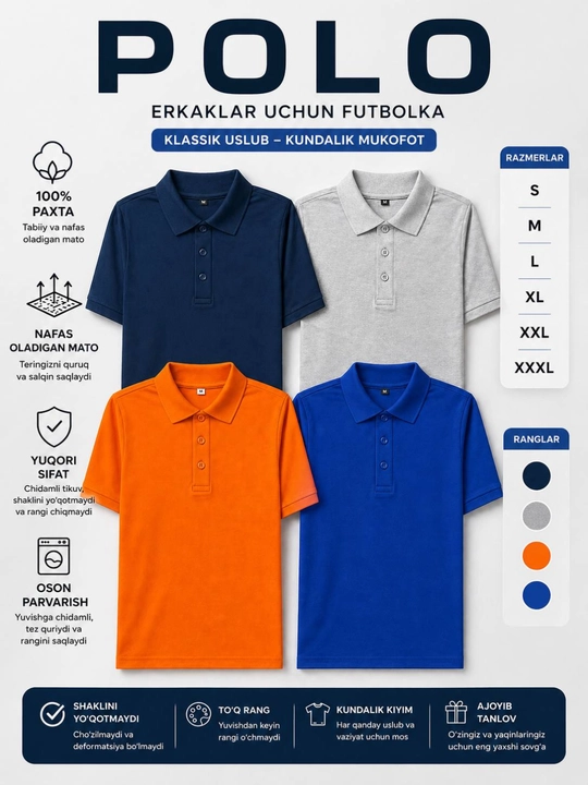 Erkaklar polo futbolkasi, malomerka emas, 100% paxta