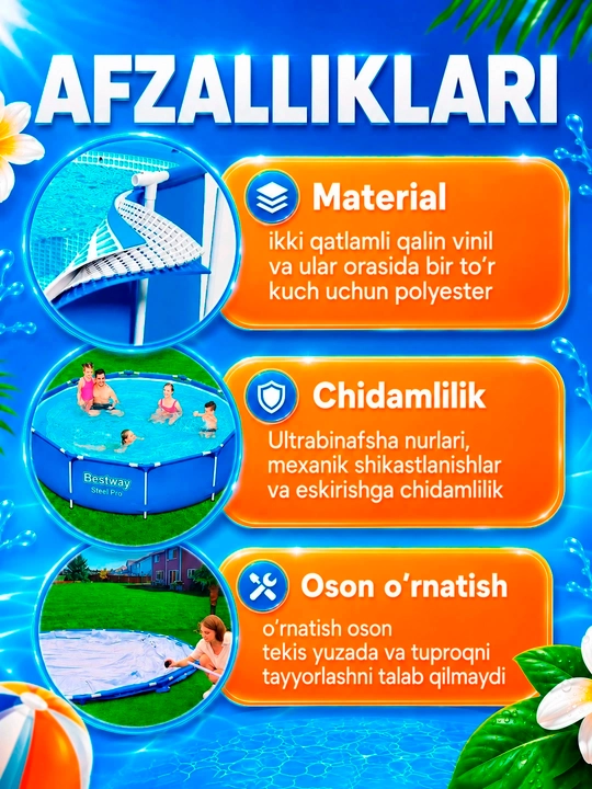 Bestway Steel Pro karkasli basseyni, 1200 litr - 10220 litr, ishonchli, butun oila uchun