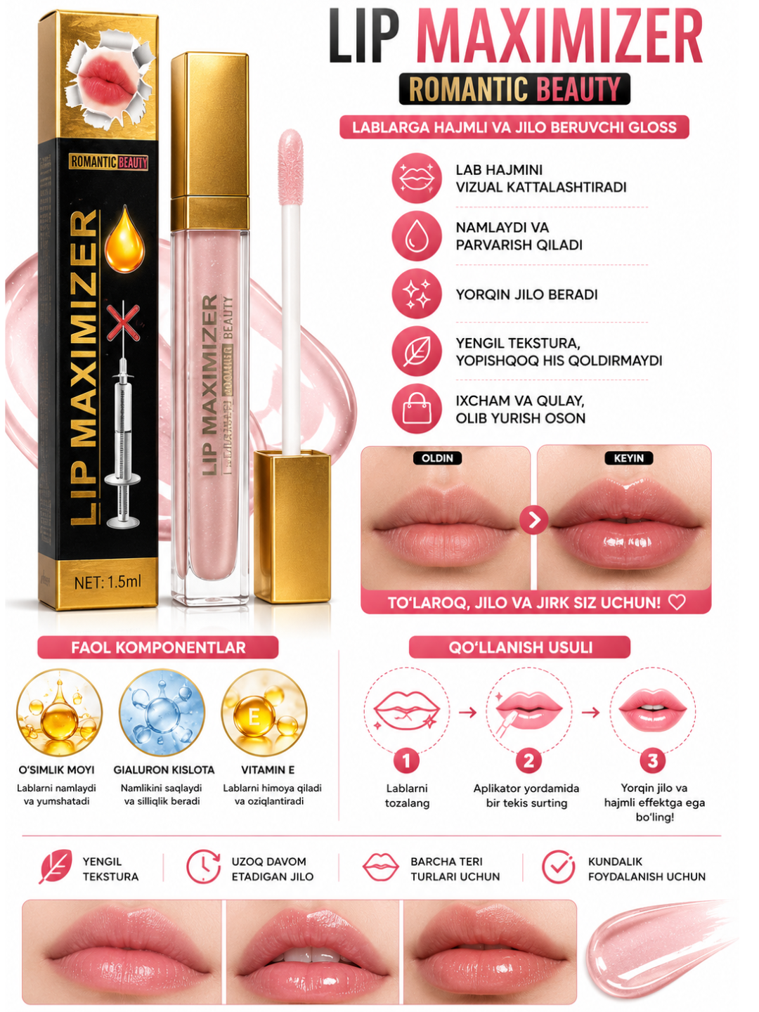 Farres Lip Maximizer – lablar uchun blesk, hajm beruvchi va namlantiruvchi lip gloss - 