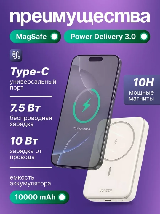 Магнитный Power Bank UGREEN PB561 10000 мАч, 20W PD, беспроводной 15W