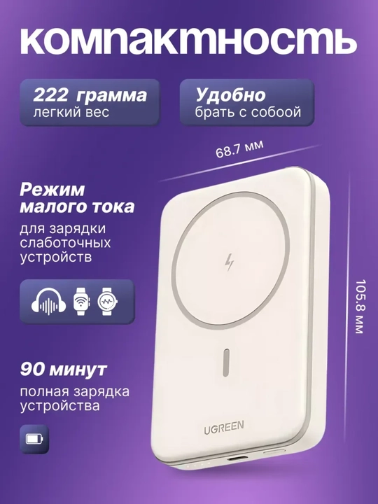 Магнитный Power Bank UGREEN PB561 10000 мАч, 20W PD, беспроводной 15W