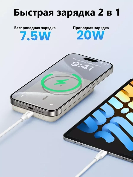 Магнитный Power Bank UGREEN PB561 10000 мАч, 20W PD, беспроводной 15W
