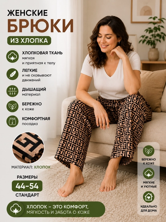 Женские хлопковые брюки для дома из мягкой хлопковой ткани (стандартные размеры 44–56)