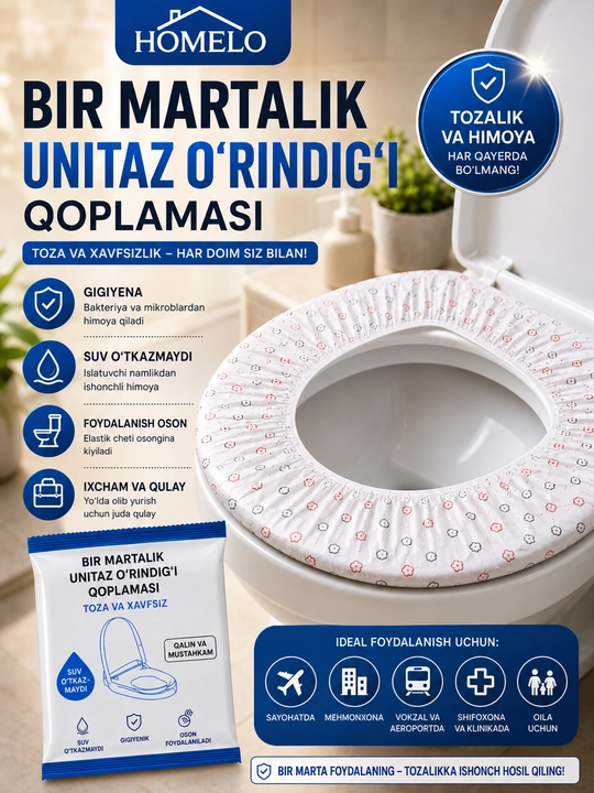 Bir martalik unitaz chexoli, unitaz o‘rindig‘i qoplamasi, gigiyenik qoplama, unitaz chehol