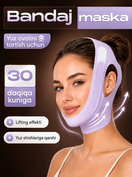 Bandaj maska yuz ovali uchun, lifting effektli yuz tortuvchi maska, V line bandaj - 