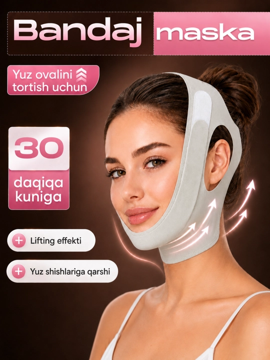 Bandaj maska yuz ovali uchun, lifting effektli yuz tortuvchi maska, V line bandaj - 