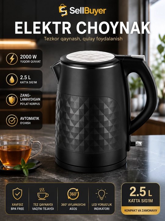 Elektr choynak, qora elektr choynak, 2.5L choynak, 2000W choynak, oshxona choynagi, suv