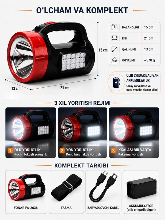 LED fonar qayta zaryadlanuvchi  FA-2638 quyosh panelli kuchli yorituvchi fanar