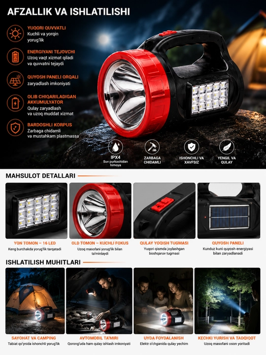 LED fonar qayta zaryadlanuvchi  FA-2638 quyosh panelli kuchli yorituvchi fanar