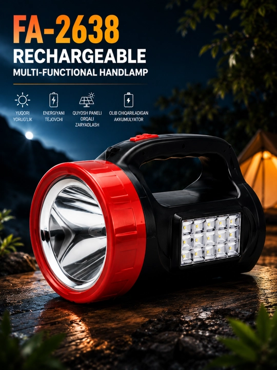 LED fonar qayta zaryadlanuvchi  FA-2638 quyosh panelli kuchli yorituvchi fanar - 