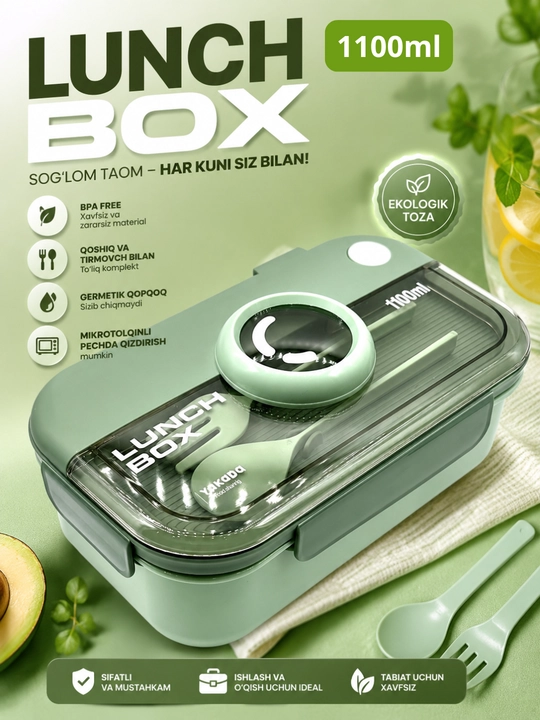 Lanch boks, ovqat uchun idish anjomlari bilan, ish, o'qish va sayohat uchun, 1100 ml - 
