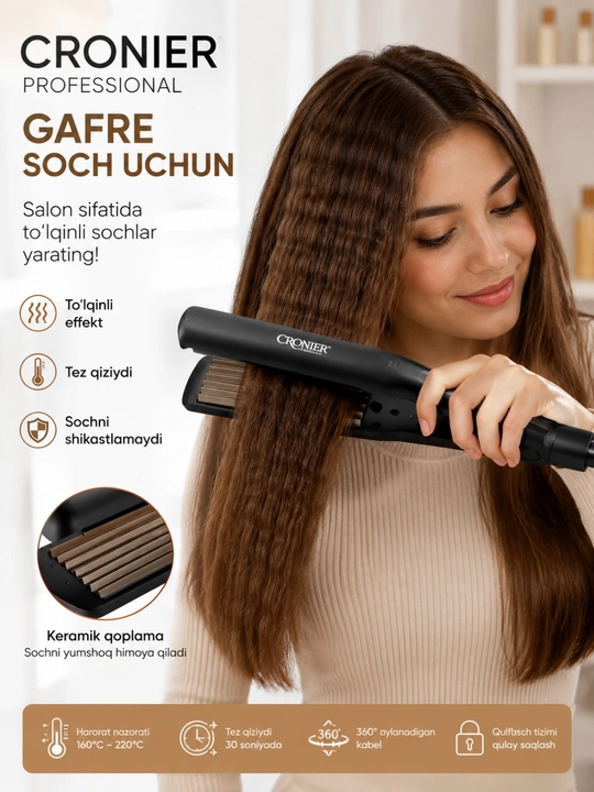 Professional gafre va soch dazmoli – keramik qoplama, 140–220°C, tekislash va hajm berish