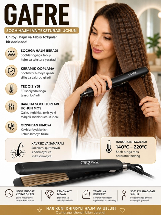 Professional gafre va soch dazmoli – keramik qoplama, 140–220°C, tekislash va hajm berish