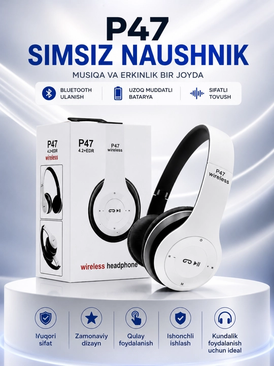 P47 Wireless Bluetooth Quloqchin – Stereo Ovoz, Mikrofon, TF Karta va AUX Ulanish - 
