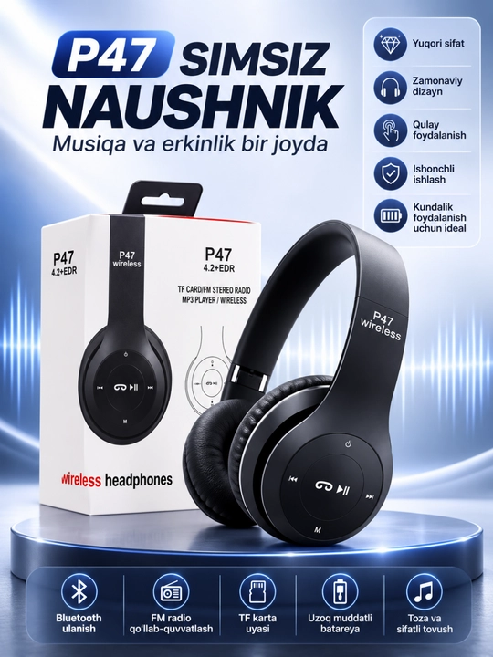 P47 Wireless Bluetooth Quloqchin – Stereo Ovoz, Mikrofon, TF Karta va AUX Ulanish - 