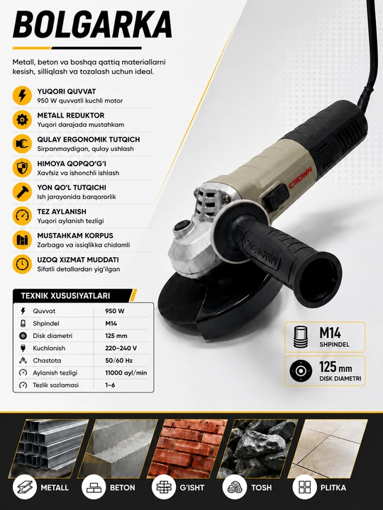 CECROWN BOLGARKA 180 mm burchakli silliqlash mashinasi, 1300 Vt - 