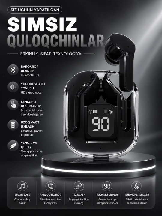 LEDdispleyvaType-CquvvatlashqutisibilanjihozlangansimsizTWSAIBTBluetooth 5.3 quloqchinlari - 