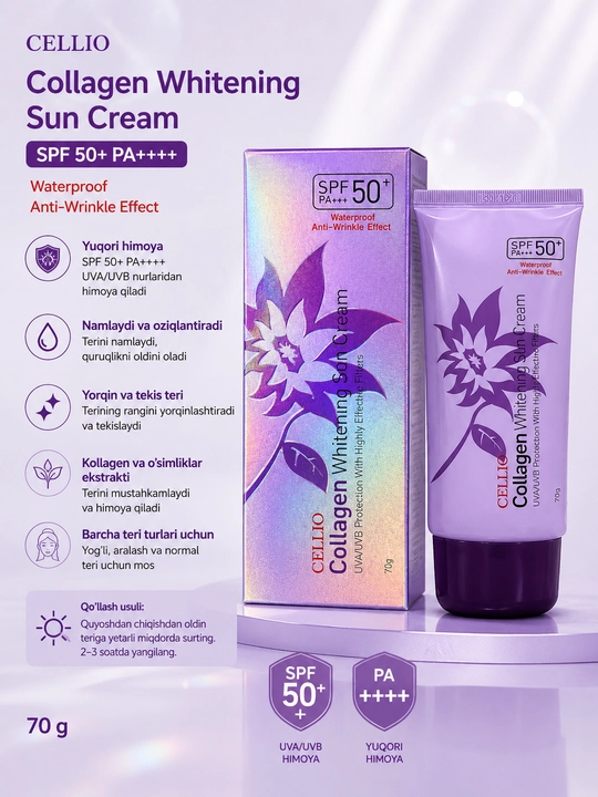 Quyoshdan himoyalash yuz kremi CELLIO Collagen White, SPF 50+, 70 g