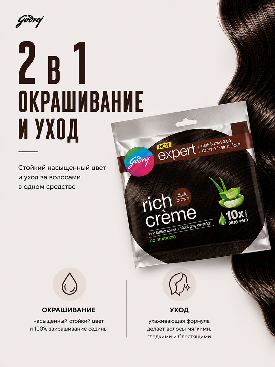 Крем-краска для волос без аммиака с алоэ вера Godrej Expert Rich Creme