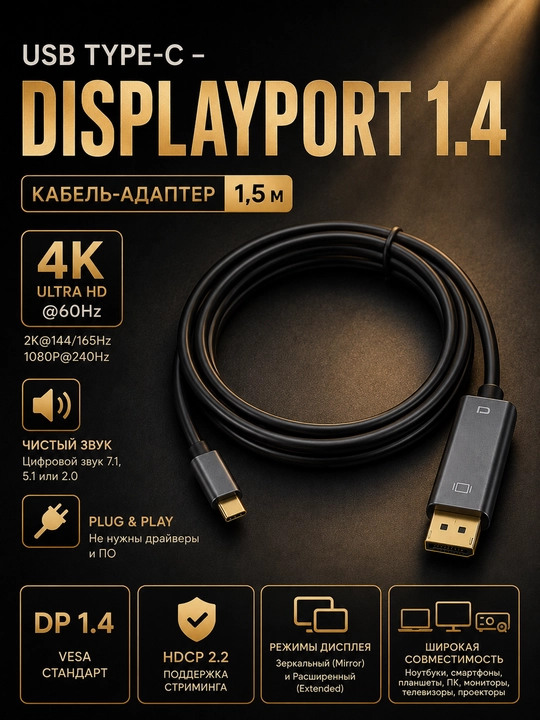 USB Type C - DisplayPort kabeli, 4K@60 Gts, 1,5 m - 
