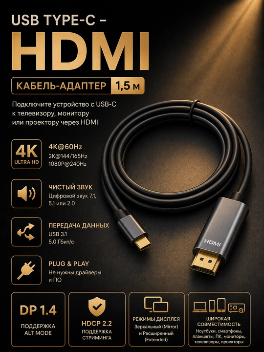 Type c to HDMI 4k кабель, USB3.1-C 4K и 2K, 1.5 м - 