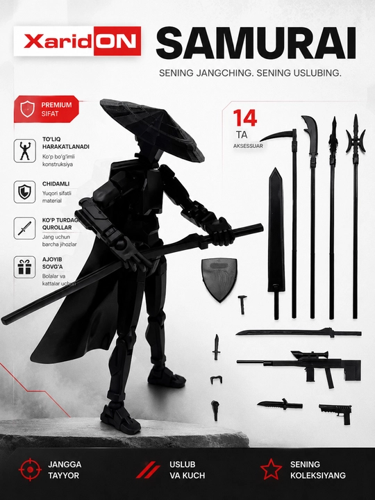 XaridON Samurai — шарнирная сборная фигурка, шляпа, плащ и 14 аксессуаров - 