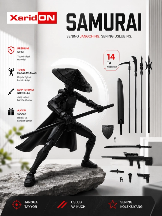 XaridON Samurai — шарнирная сборная фигурка, шляпа, плащ и 14 аксессуаров