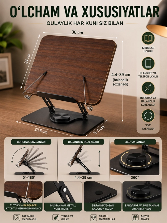Ergonomik kitob va planshet stendi, 360 burilish, buklanadigan dizayn